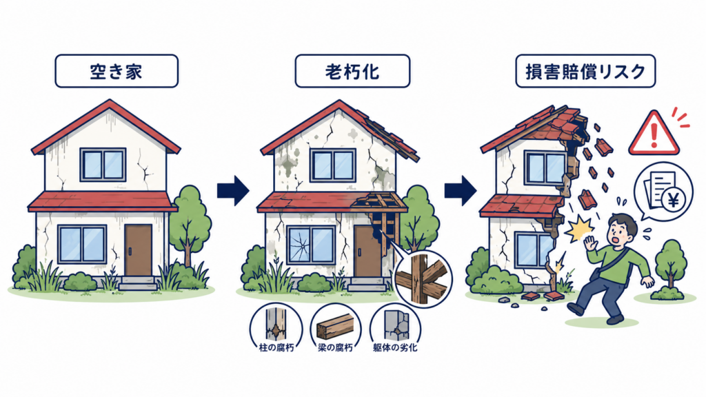 損害賠償リスク　空き家が劣化し通行人等に思わぬけがをさせる恐れがある図