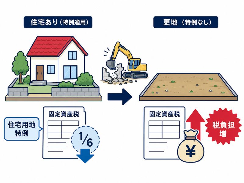空き家を更地にすることで住宅用地の特例が外れ固定資産税が6倍になることを示した図解
