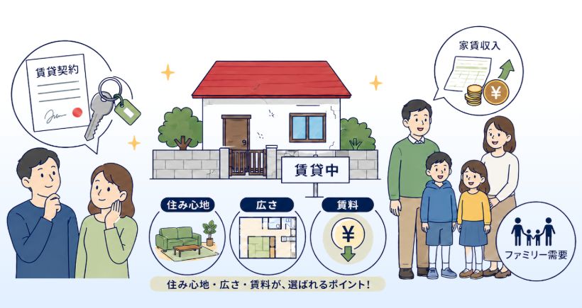 空き家を賃貸用物件として貸し出す様子を描いた図解