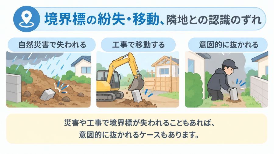境界標が失われる三つの原因の図解